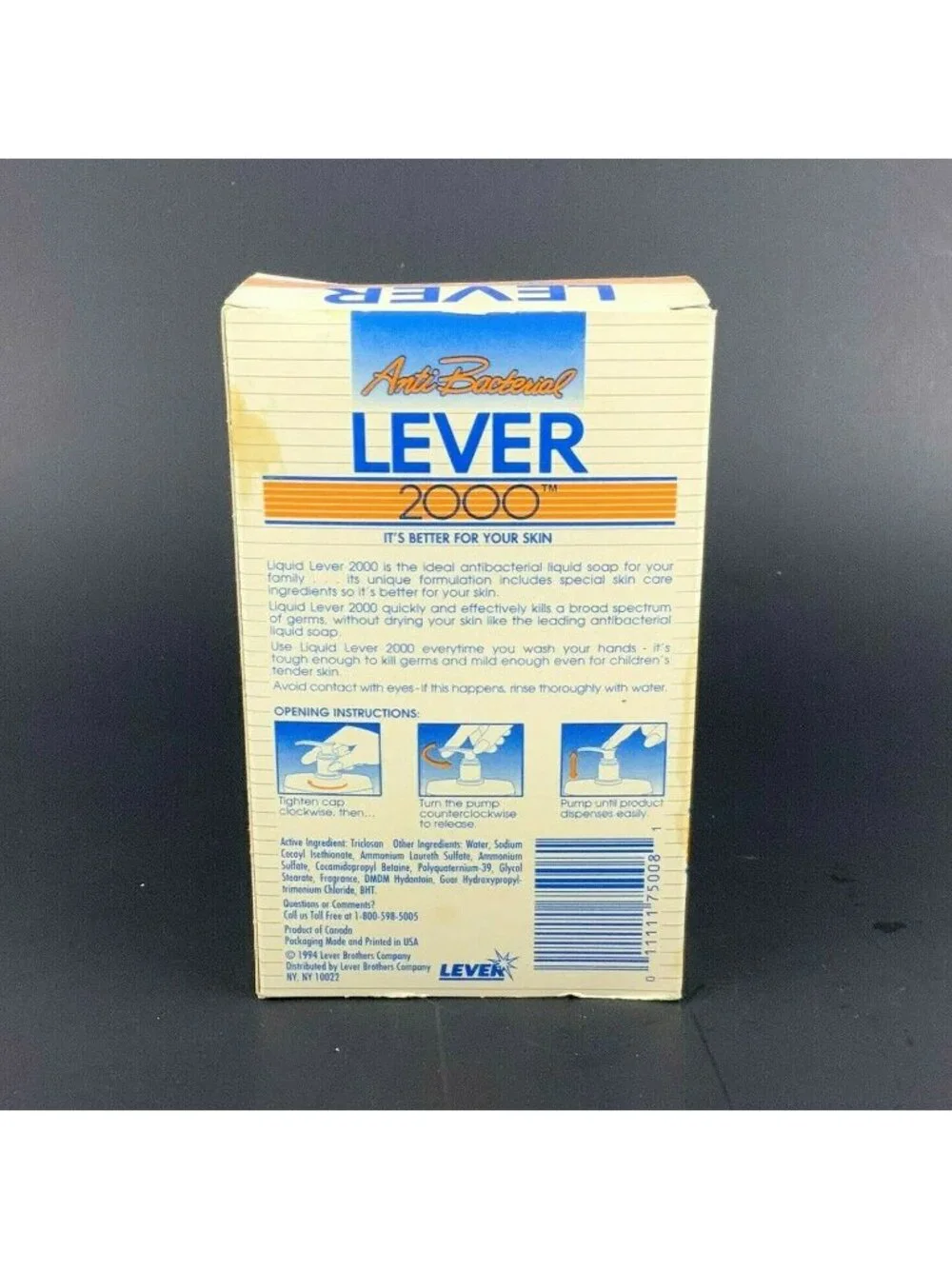 Anti-Bacterial Lever 2000 Liquid Soap 7 Fl Oz Pump Bottle 1994 Vintage